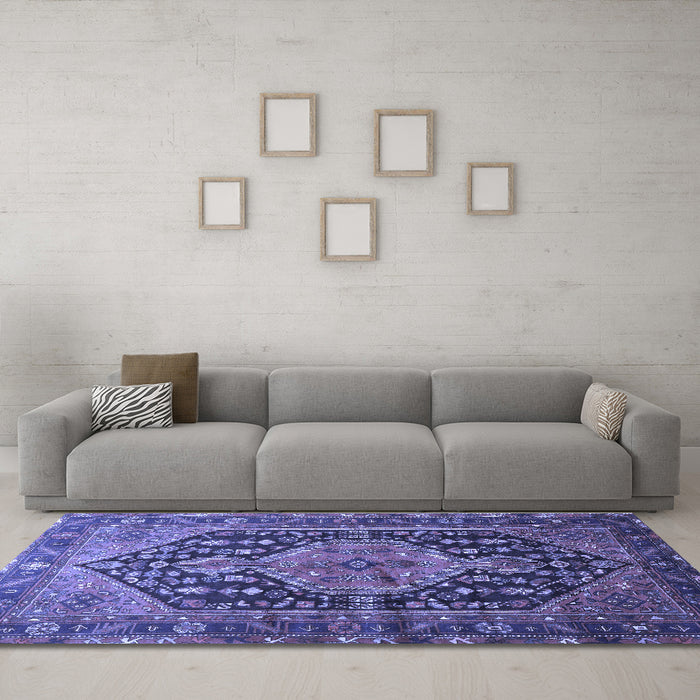 Machine Washable Persian Blue Traditional Rug in a Living Room, wshtr605blu