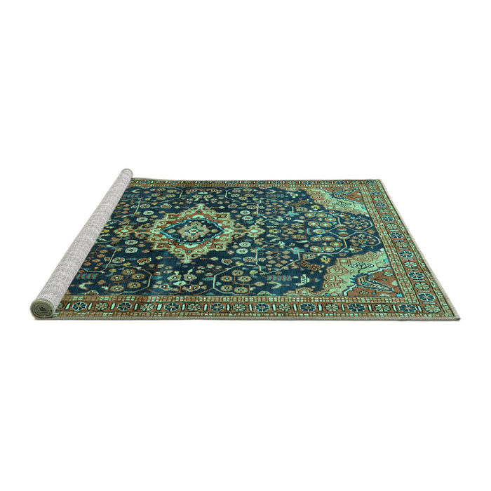 Sideview of Machine Washable Persian Turquoise Traditional Area Rugs, wshtr606turq