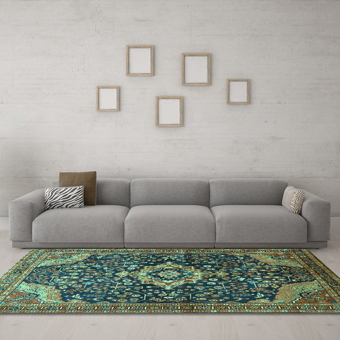 Machine Washable Persian Turquoise Traditional Area Rugs in a Living Room,, wshtr606turq