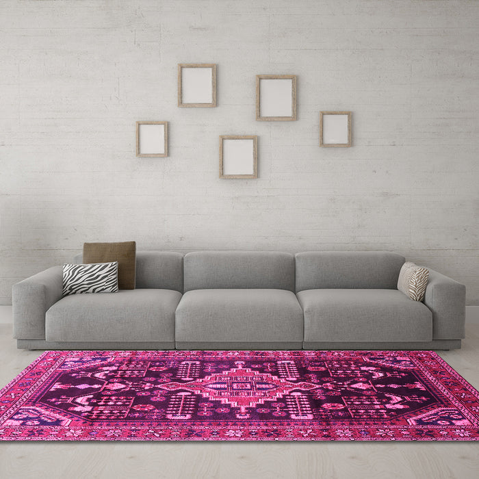 Machine Washable Persian Pink Traditional Rug in a Living Room, wshtr607pnk