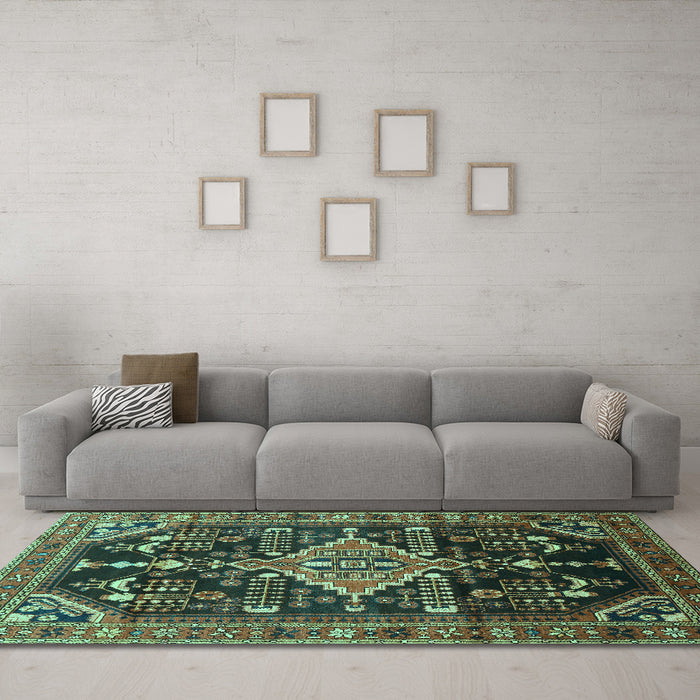 Machine Washable Persian Turquoise Traditional Area Rugs in a Living Room,, wshtr607turq