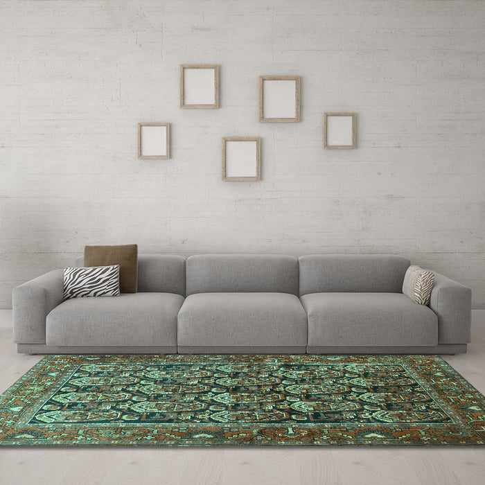 Machine Washable Persian Turquoise Traditional Area Rugs in a Living Room,, wshtr608turq