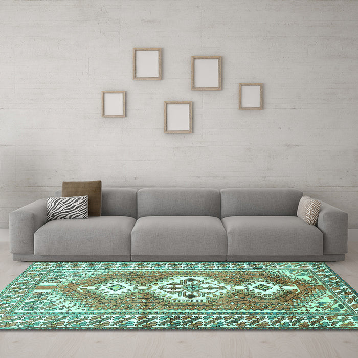 Machine Washable Persian Turquoise Traditional Area Rugs in a Living Room,, wshtr609turq