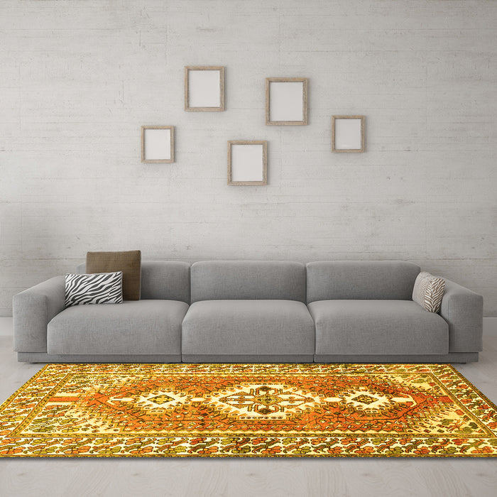 Machine Washable Persian Yellow Traditional Rug in a Living Room, wshtr609yw