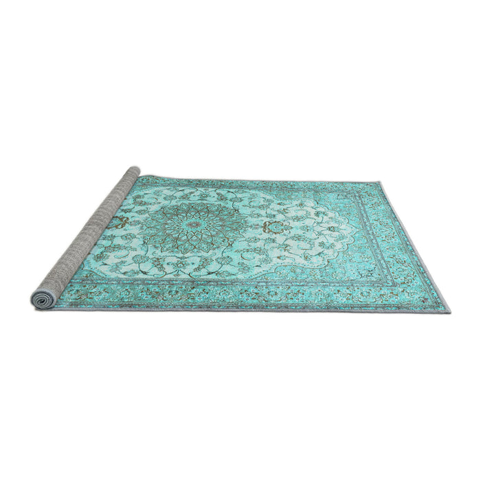 Sideview of Machine Washable Medallion Light Blue Traditional Rug, wshtr60lblu