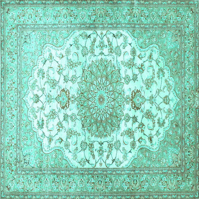 Square Machine Washable Medallion Turquoise Traditional Area Rugs, wshtr60turq
