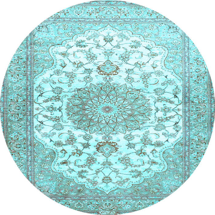 Round Machine Washable Medallion Light Blue Traditional Rug, wshtr60lblu