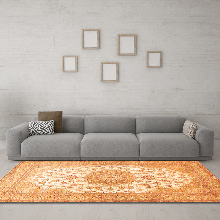 Machine Washable Medallion Orange Traditional Area Rugs in a Living Room, wshtr60org