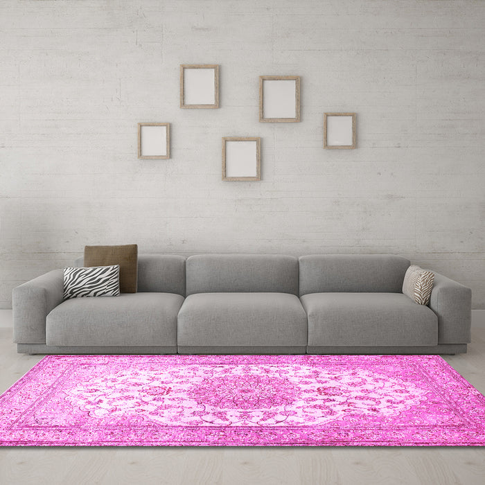 Machine Washable Medallion Pink Traditional Rug in a Living Room, wshtr60pnk