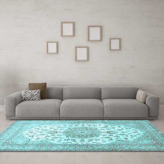 Machine Washable Medallion Light Blue Traditional Rug in a Living Room, wshtr60lblu