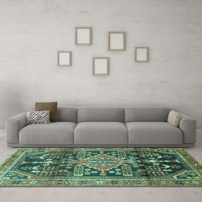 Machine Washable Persian Turquoise Traditional Area Rugs in a Living Room,, wshtr612turq