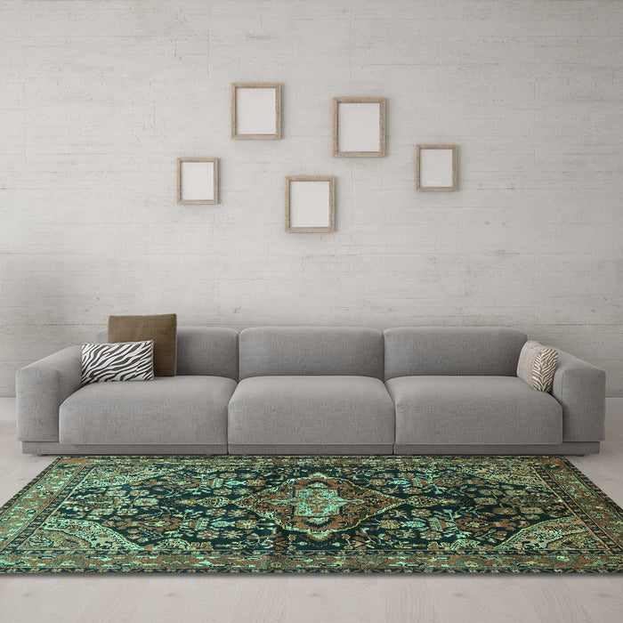 Machine Washable Persian Turquoise Traditional Area Rugs in a Living Room,, wshtr613turq