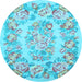 Round Machine Washable Medallion Light Blue French Rug, wshtr616lblu