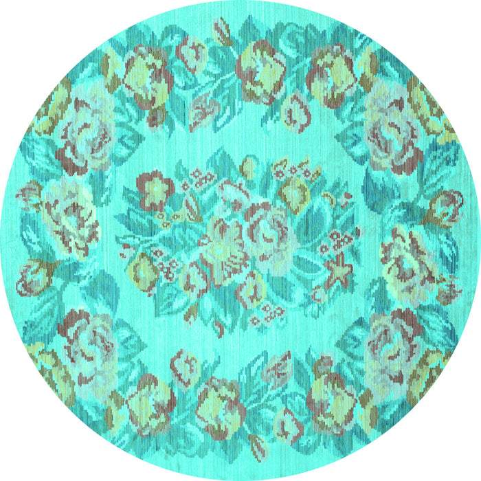 Round Machine Washable Medallion Turquoise French Area Rugs, wshtr616turq