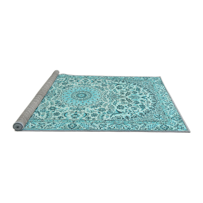 Sideview of Machine Washable Medallion Light Blue Traditional Rug, wshtr618lblu
