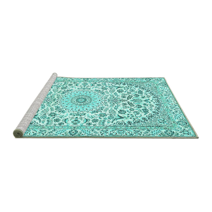 Sideview of Machine Washable Medallion Turquoise Traditional Area Rugs, wshtr618turq