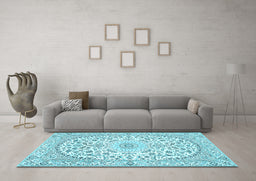 Machine Washable Medallion Light Blue Traditional Rug in a Living Room, wshtr618lblu