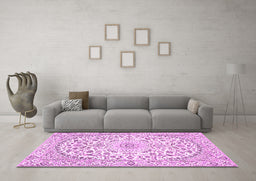 Machine Washable Medallion Pink Traditional Rug in a Living Room, wshtr618pnk