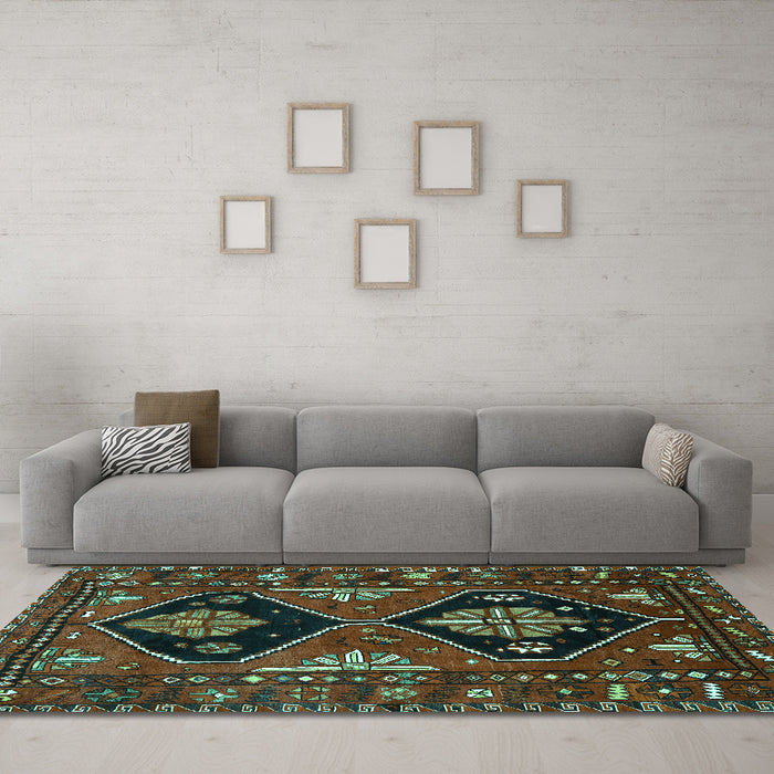 Machine Washable Persian Turquoise Traditional Area Rugs in a Living Room,, wshtr619turq