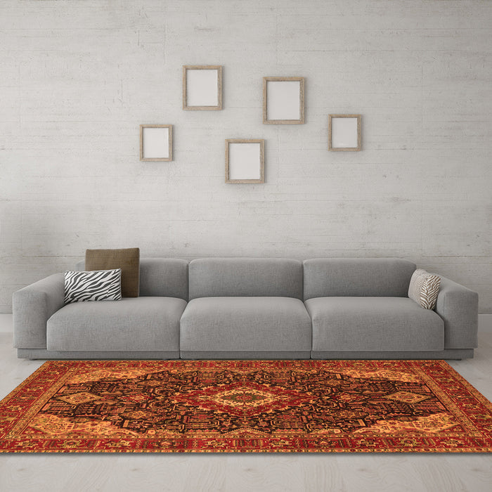 Machine Washable Medallion Orange Traditional Area Rugs in a Living Room, wshtr61org