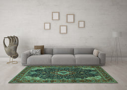 Machine Washable Medallion Turquoise Traditional Area Rugs in a Living Room,, wshtr61turq