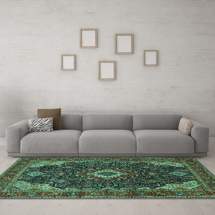 Machine Washable Medallion Turquoise Traditional Area Rugs in a Living Room,, wshtr61turq