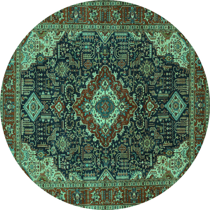 Round Machine Washable Medallion Turquoise Traditional Area Rugs, wshtr61turq