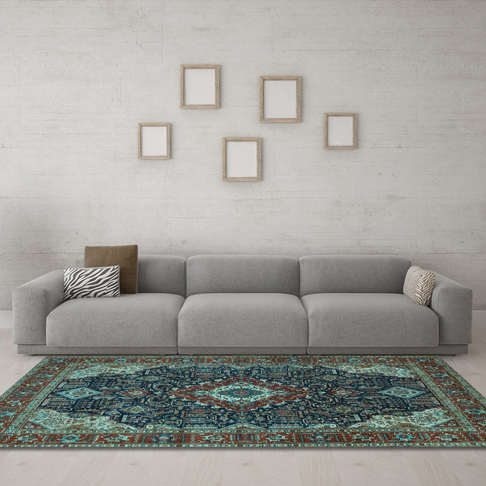 Machine Washable Medallion Light Blue Traditional Rug in a Living Room, wshtr61lblu