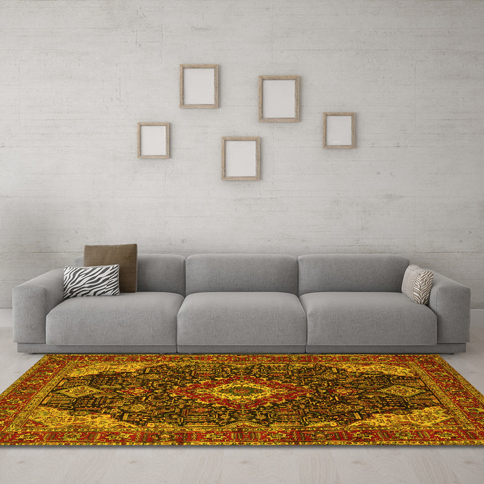 Machine Washable Medallion Yellow Traditional Rug in a Living Room, wshtr61yw