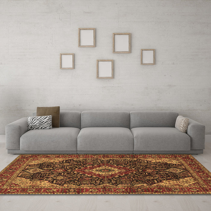 Machine Washable Medallion Brown Traditional Rug in a Living Room,, wshtr61brn