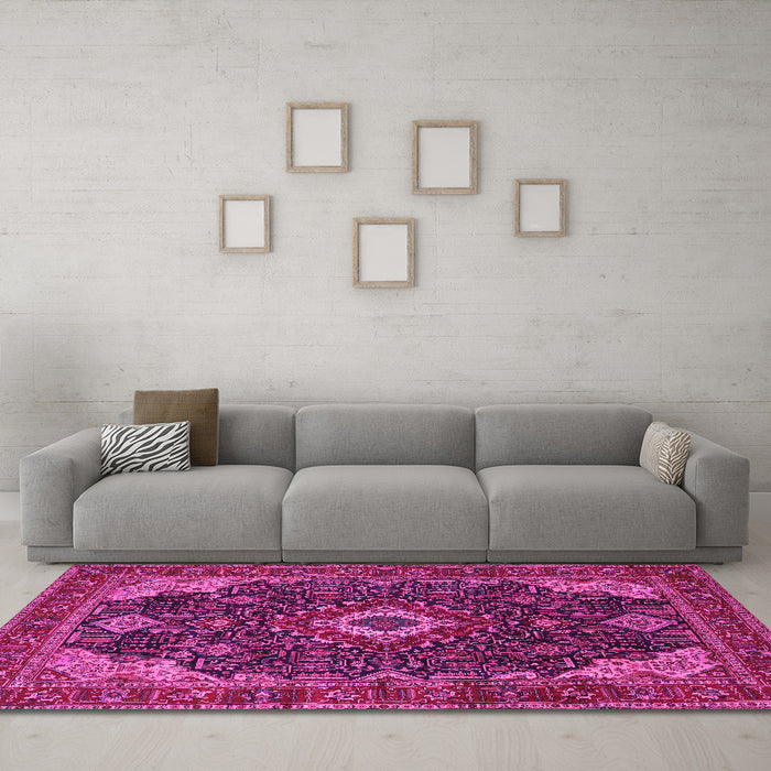 Machine Washable Medallion Pink Traditional Rug in a Living Room, wshtr61pnk