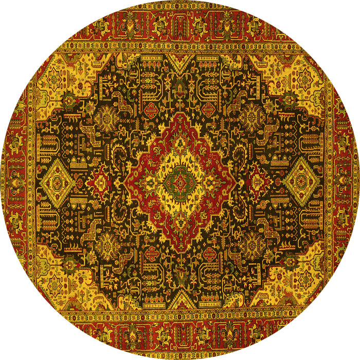 Round Machine Washable Medallion Yellow Traditional Rug, wshtr61yw