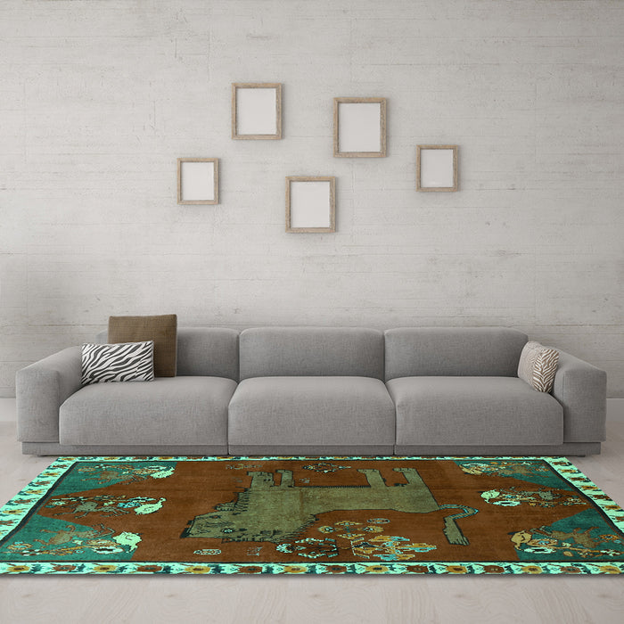 Machine Washable Animal Turquoise Traditional Area Rugs in a Living Room,, wshtr622turq