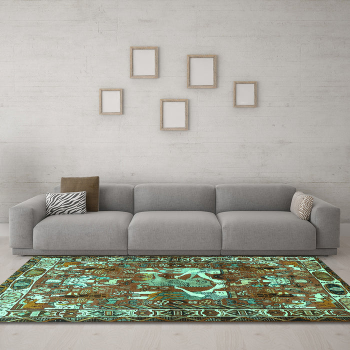 Machine Washable Animal Turquoise Traditional Area Rugs in a Living Room,, wshtr627turq
