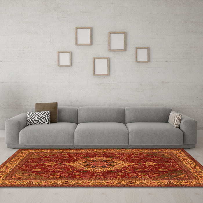 Machine Washable Medallion Orange Traditional Area Rugs in a Living Room, wshtr62org