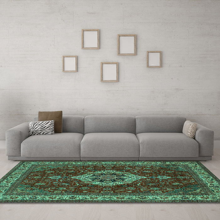 Machine Washable Medallion Turquoise Traditional Area Rugs in a Living Room,, wshtr62turq