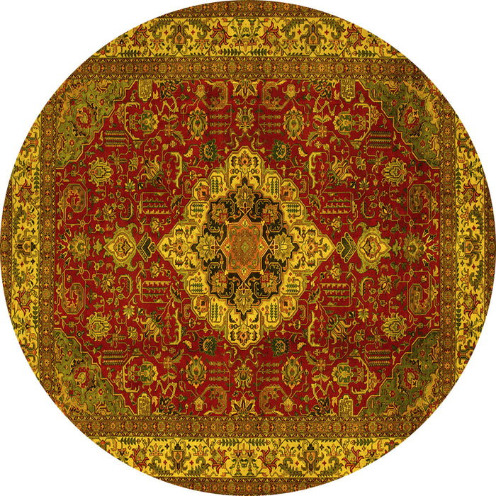 Round Machine Washable Medallion Yellow Traditional Rug, wshtr62yw