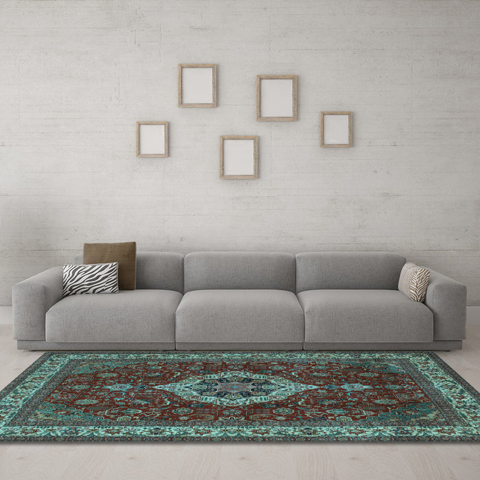 Machine Washable Medallion Light Blue Traditional Rug in a Living Room, wshtr62lblu