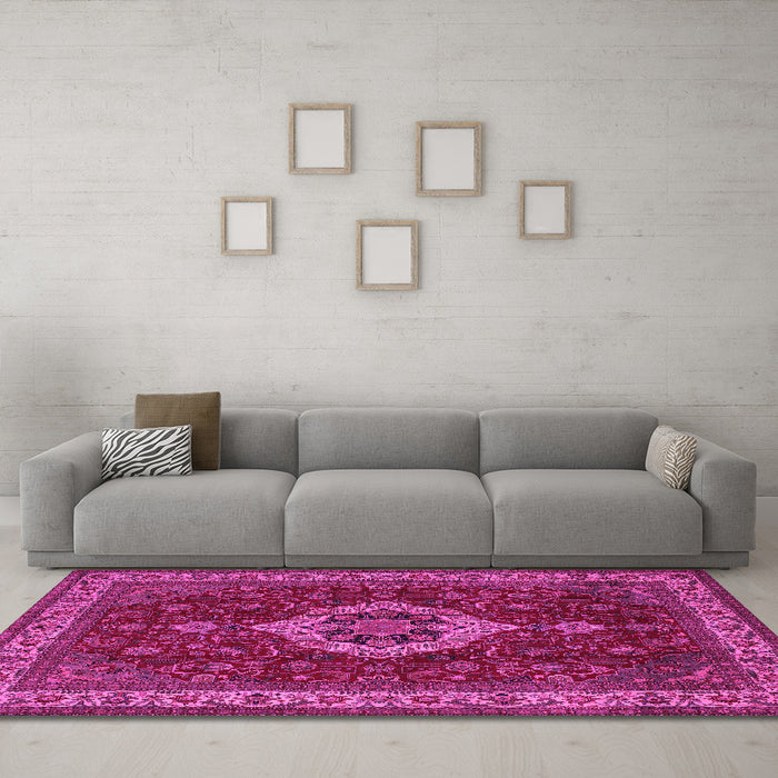 Machine Washable Medallion Pink Traditional Rug in a Living Room, wshtr62pnk