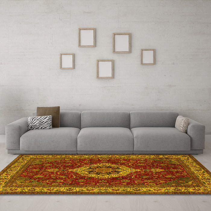 Machine Washable Medallion Yellow Traditional Rug in a Living Room, wshtr62yw