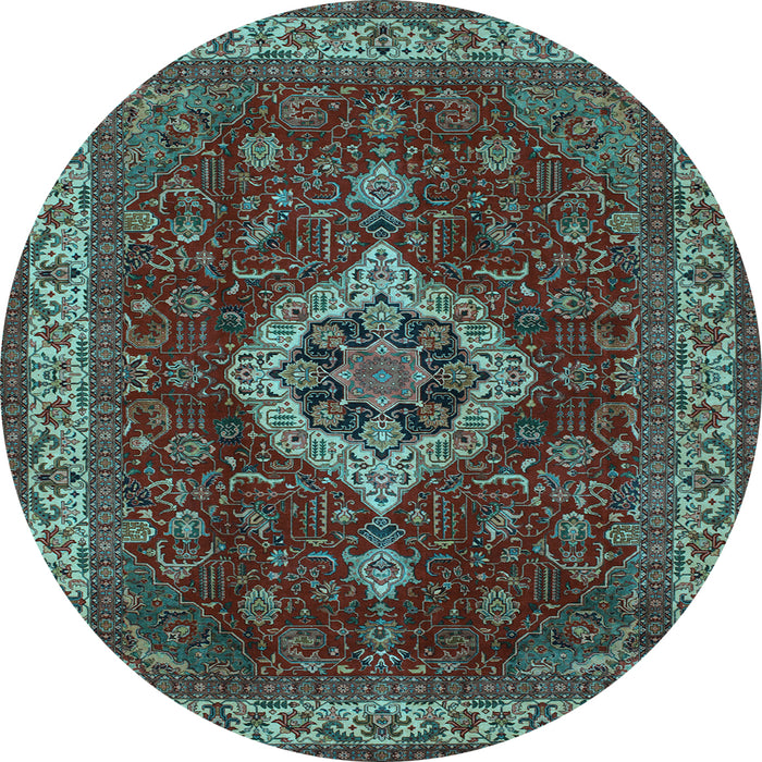 Round Machine Washable Medallion Light Blue Traditional Rug, wshtr62lblu