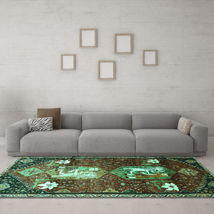 Machine Washable Animal Turquoise Traditional Area Rugs in a Living Room,, wshtr632turq