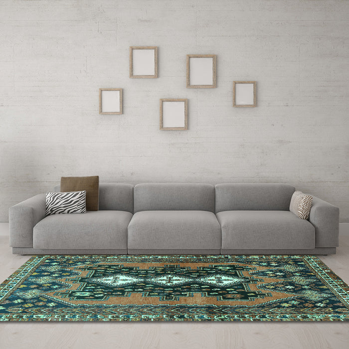 Machine Washable Persian Turquoise Traditional Area Rugs in a Living Room,, wshtr633turq