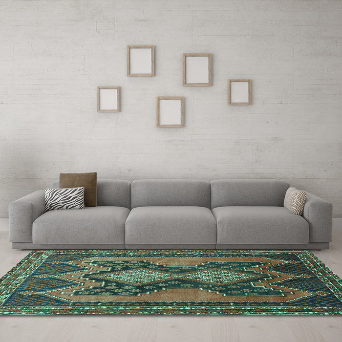 Machine Washable Persian Turquoise Traditional Area Rugs in a Living Room,, wshtr634turq