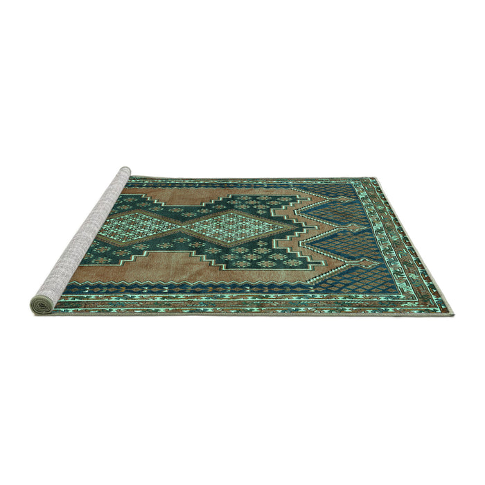 Sideview of Machine Washable Persian Turquoise Traditional Area Rugs, wshtr634turq