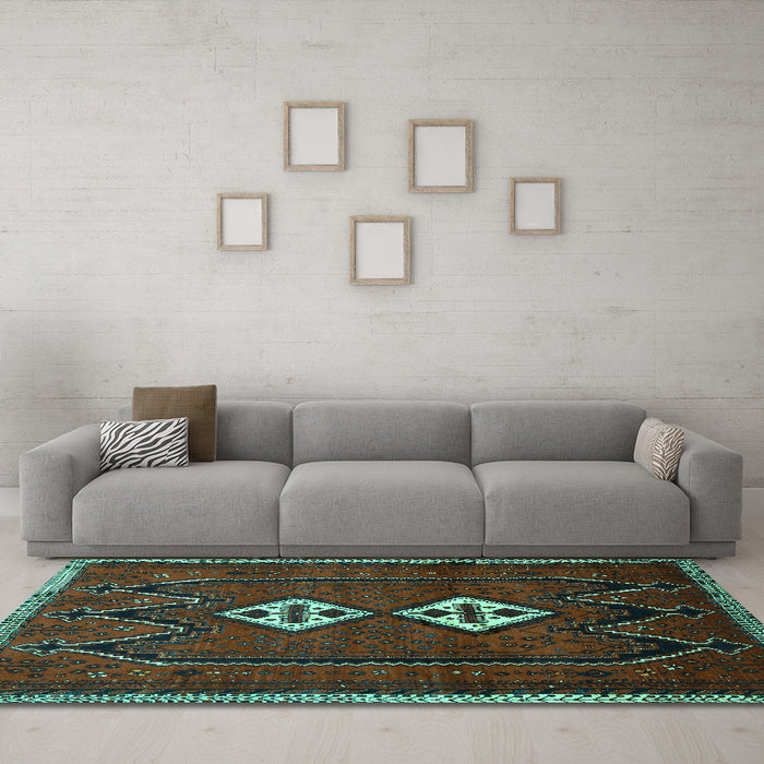 Machine Washable Persian Turquoise Traditional Area Rugs in a Living Room,, wshtr636turq