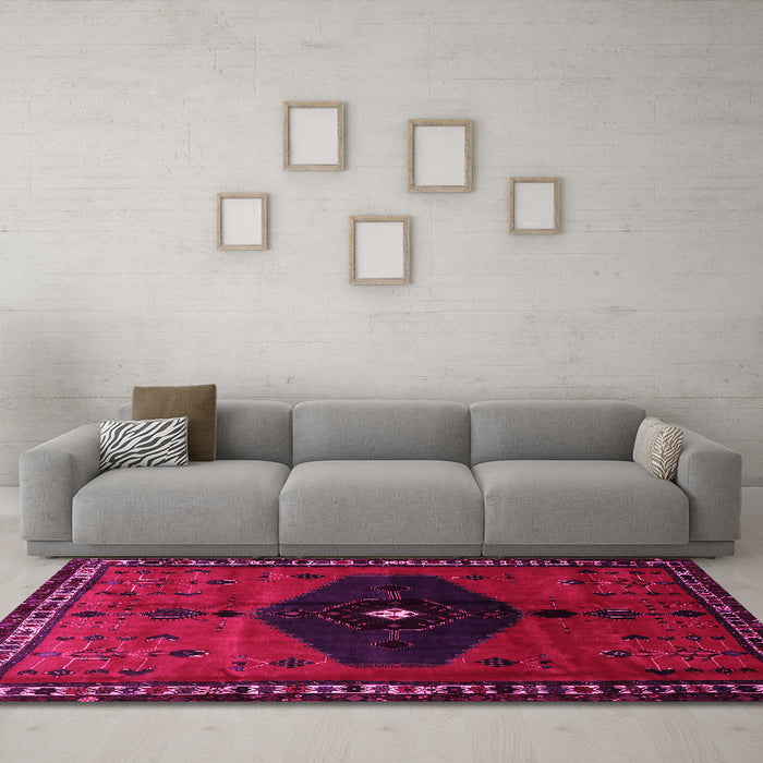 Machine Washable Persian Pink Traditional Rug in a Living Room, wshtr637pnk