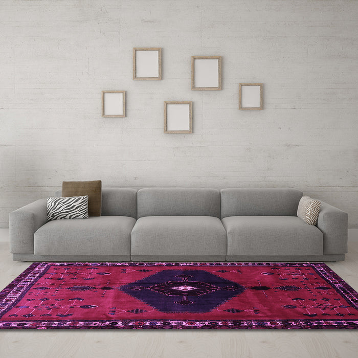 Machine Washable Persian Purple Traditional Area Rugs in a Living Room, wshtr637pur