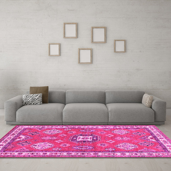 Machine Washable Geometric Pink Traditional Rug in a Living Room, wshtr638pnk