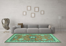 Machine Washable Geometric Turquoise Traditional Area Rugs in a Living Room,, wshtr638turq